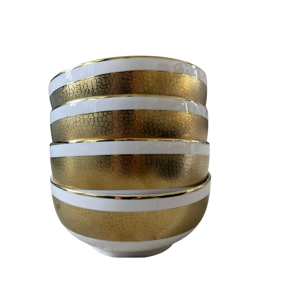 Yedi Metallic Gold Tone 6in Ceramic Bowls Set of 4 Holiday Glam White NEW